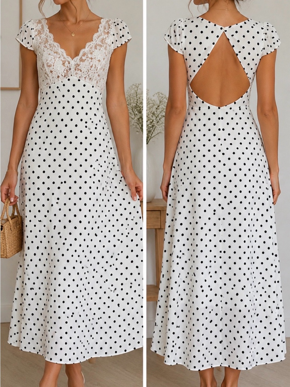 Thirty Thirty Polka Dot Lace Midi Dress White Black Open Back Cottagecore XL NWT